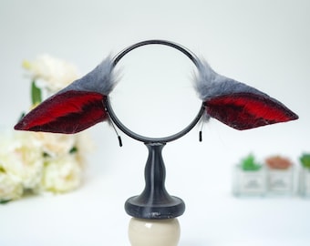 Grey Pointed Sheep Ears | Red Inner Faux Fur, High Contrast Fursuit Partials | Ram Fandom Accessory, Canine Character Gear, Custom OC Prop