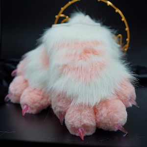 white pink stripe paws, fursuit paw, puffy paws, cosplay gloves, cat paws, puppy paws, wolf paws, tiger paws, fox paws, pet play, furry