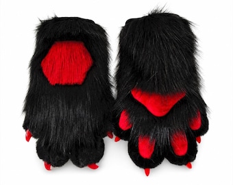 Black and Red Fursuit Paws | Demon Wolf Cosplay Gloves for Adults | Furry Convention Gear | 3D Puffy Toony Faux Fur