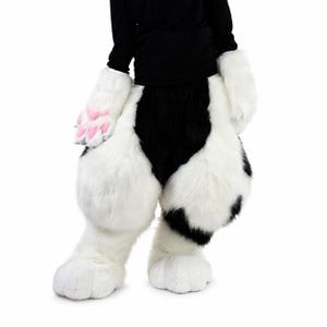 Puede incluir: Una camiseta negra de manga larga combinada con cubrepiernas de piel sintética blanca y negra de estilo animal y guantes de piel sintética blanca a juego. Los guantes presentan almohadillas rosas distintivas y garras blancas en la palma.