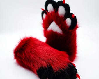 burgendy and black cat paws petplay dog cosplay, fursuit paws custom for children, Long Ver Fursuit paws furry gloves cosplay gloves