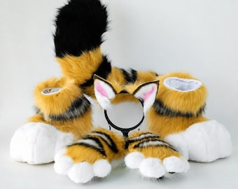 Handmade Tiger Ears Paws Tail Set, Cat Cosplay suit,Comfort Feet,Cats Furry Headband, Fluffy Long Plush Tail, Anime Cosplay Party