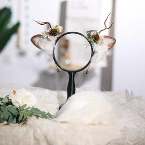 White Berry Deer Ears with Horn, Deer Ears and Tail Set, Soft Plush Furry Ears with Antlers and Tail, Perfect for Cosplay, Furry Conventions