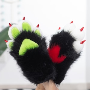 Elf green and black paws kemono fursuit paw cosplay gloves cat puppy fox paws, pet play furry gloves Halloween cosplay party accessory