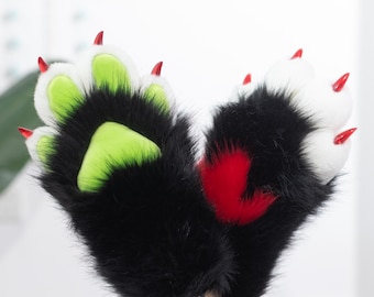 Elf green and black paws kemono fursuit paw cosplay gloves cat puppy fox paws, pet play furry gloves Halloween cosplay party accessory