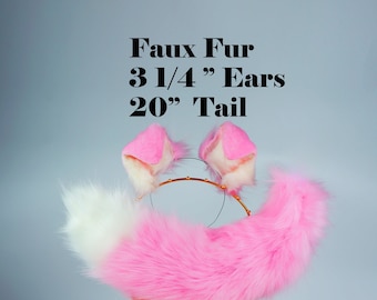 Pink white shepherd ear and tail set faux fur ear puppy tail and ear set anime cosplay petplay fox ear and tail   set kittenplay cosplay
