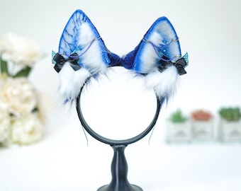 Royal Blue Collie Ears, Sheepdog Fursuit Partials, Canine Animal Headband, Blue Lightning Inner Ear, Handmade Furry Fandom Accessory