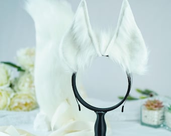 All White Doberman Ears&Tail Set, Custom Cosplay puppy Dog Ears for Furry Conventions, Halloween tan doggy ear headband Animal Costume