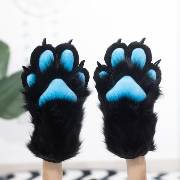 black puppy paws with Blue meat pad, furry gloves, tiger paws, fox paws, pet play, furry, cosplay gloves, cat paws, puppy paws, wolf paws