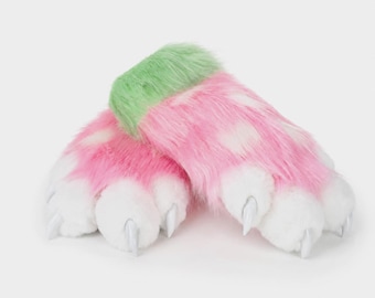 Pastel Pink Spotted Fursuit Paws | Strawberry Vibe Furry Handpaws with Green Beans | Fluffy 4-Finger Cosplay Gloves | Kawaii Furry Gear