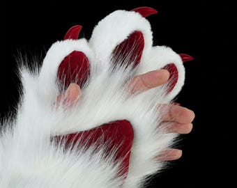 Finger Escape Fursuit Paws, White Red Faux Fur Hand Gloves, 4-Finger Puffy Paw Design for Cosplay, Anime Events & Halloween Parties