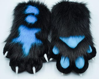 Patterned Black&Blue Hand Paws with stripes | Fluffy Soft Fursuit 4-Finger Gloves Costume for Cosplay and Themed Events Furry convention