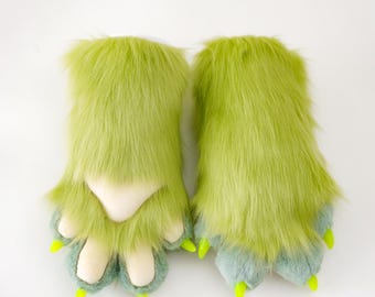 4-Finger Beige Tiger Wolf Fox Paws, Green Fursuit Handpaws, Lined Toony Cosplay Gloves with Claws | DreamEdgeDesign Puffy Paw Style