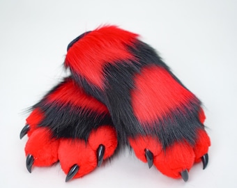 Furry four-finger paws, Furry Handpaws, Cosplay Paws, Black Red Splicing Fursuit Gloves, 3D Puffy Edgy Convention Gear