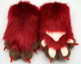 Convention Fursuit Paws - Lekkie sztuczne futro na dłonie na imprezy futrzane, cosplay i występy postaci, bordowy sprzęt Kemono Toony Handpaws