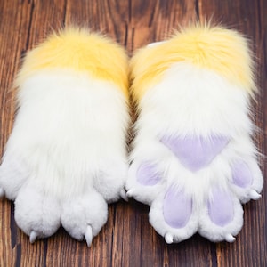 Patas peludas brancas com luvas de 4 dedos creme | Traje parcial de fursuit fofo Patas peludas para convenções de cosplay e eventos temáticos