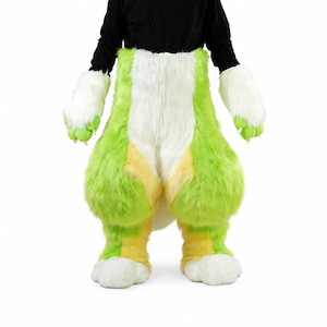 May include: A full-body faux fur costume featuring a white, lime green, and yellow color scheme. The suit includes large, plush paw-shaped gloves and oversized feet with white toes, designed with a thick, shaggy texture throughout the legs.