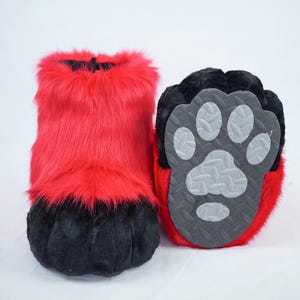 Fluffy Fursuit Feet Paws Animal Paws, Black and Red Furry Shoes, Halloween Christmas Costume Accessories Pet Play Animal-Themed Events