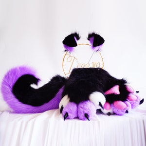 Black and purple puppy ear and tail and paw petplay shepherdcosplay set tail plug cosplay ears cosplay cat fox ears petplay dog ears DDLG