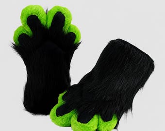 Fursuit Handpaws, Black Green Faux Fur, 35cm Toony Puffy Paws, Handmade Cosplay Gloves for Fur Meets and Anthro Events