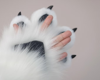 Furry Finger Escapes Handpaws, Fursuit Hand Paws | 4-Finger Cosplay Paws | White Kemono Toony Gloves | Black Squeaker Puffy Pads