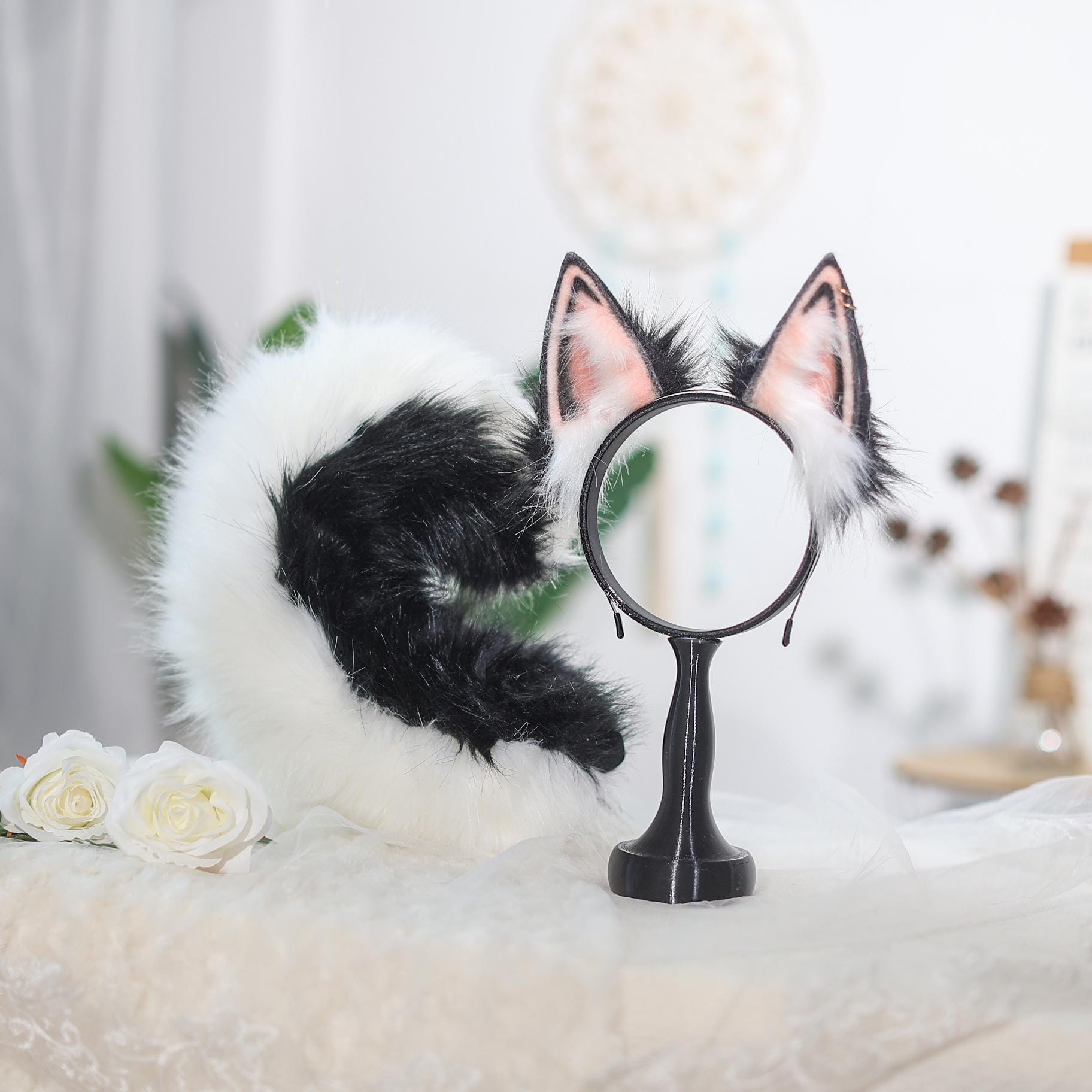 Black Wolf Ears and Tail Set, ears headband, Custom Furry Cosplay Ears and Tail for Halloween, Furry Conventions, and Animal-Themed Party