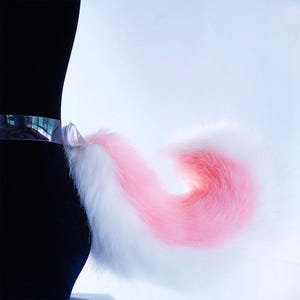 May include: A white and pink fluffy tail with a clear plastic band attached to the base.