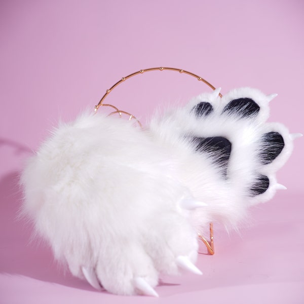 White Cat paws, black pad paws, puffy fursuit paw, cosplay gloves, cat paws, puppy paws, wolf paws, tiger paws, fox paws, pet play, furry