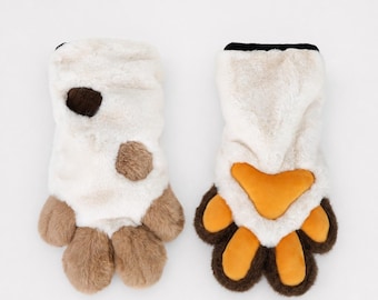 Short Faux Fur Spotted Handpaws | Brown & White Cosplay Paws with Orange Beans | Plush Fursuit Gloves | Cute Furry Convention Gear