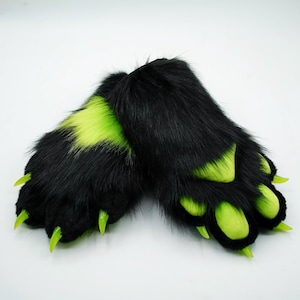 Black and lime green fursuit paws,Handmade Paws Gloves, Fursuit Gloves, Furry Cosplay Costume,Halloween Gift For Furry, Gift For Child