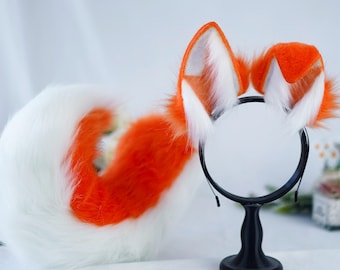 Charming Orange and White Dog Ears&Tail Set | Realistic Cospaly Costume Accessories | Animal Themed Party Halloween Christmas Dress-up