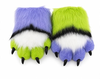 Mismatched Green Purple Fursuit Paws with Black Pads | Asymmetrical Monster Gloves | Teen Cosplay Gear | Halloween Rave | 3D Faux Fur Claws