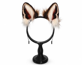 Brown Husky Ears Headband, Off White Custom Dog Cosplay Ears, Fluffy Fursuit Head Part, Realistic Wolf Canine Ear Hair Hoop