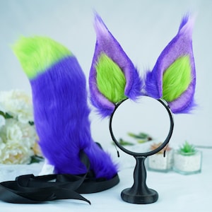 Conjunto de orejas y cola de elfo violeta: orejas y cola peludas para cosplay, disfraces, convenciones furry y eventos con temática animal