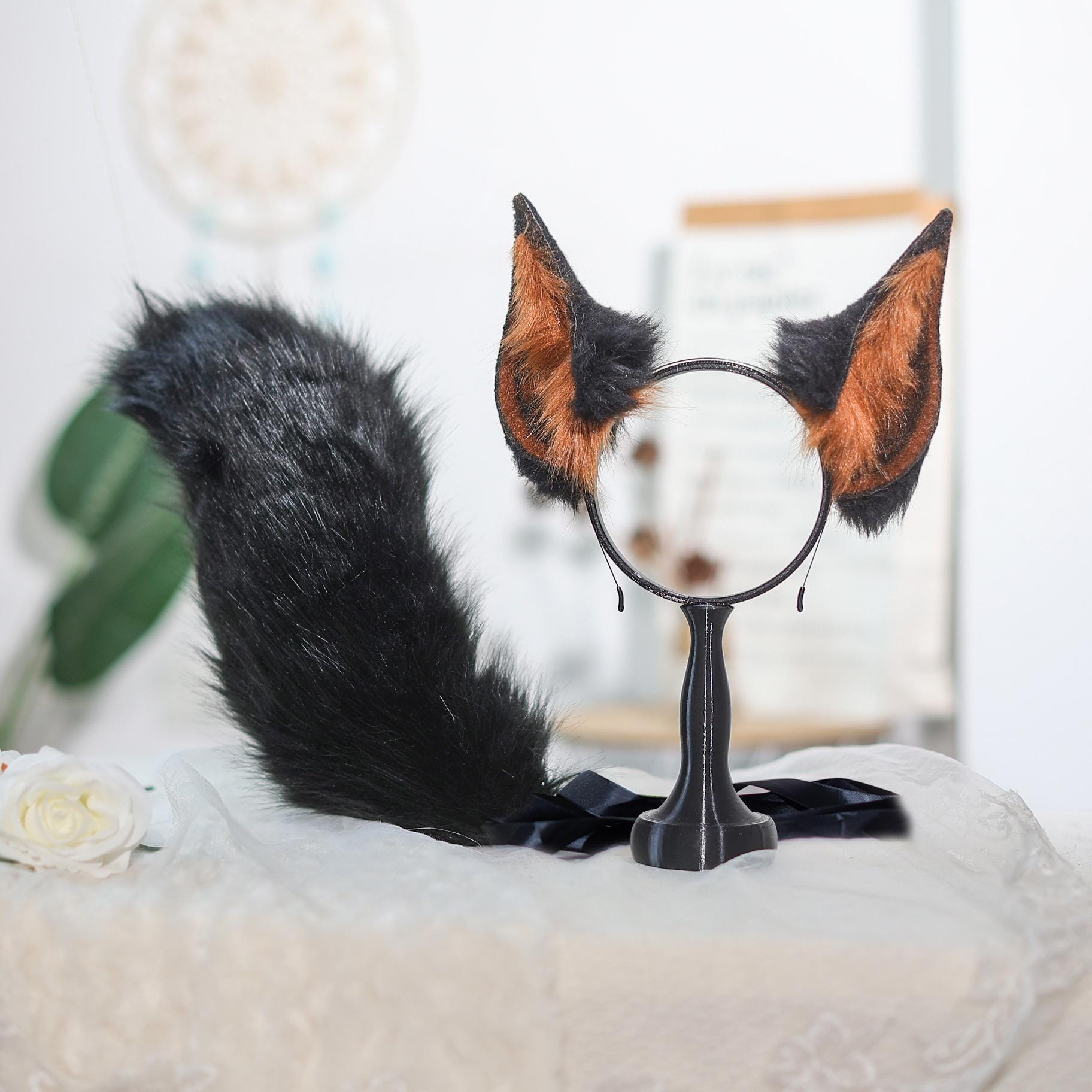 Black and Yellow-Brown Doberman Ears,Custom Cosplay puppy Dog Ears for Furry Conventions, Halloween tan doggy ear headband Animal Costume
