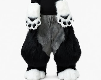 Fursuit pants paws and tail set, black grey plush animal legs, puffy plantigrade padding with quick entry zipper for furry cosplay
