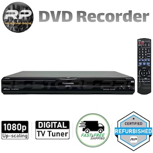 May include: Black Panasonic DVD recorder with a remote control. Features include 1080p up-scaling and a digital TV tuner. The image also includes a "Certified Refurbished" badge and "Fast & Free Shipping" logo.