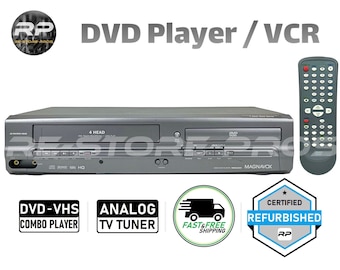 May include: A gray Magnavox DVD player and VCR combo unit with a remote control. The unit has a 4-head VCR and DVD player. The image also includes text that says "DVD-VHS Combo Player" and "Analog TV Tuner".