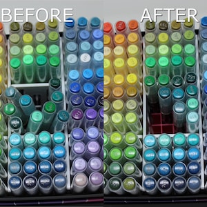 A before and after image of the markers before and after organization using the insert. The left image is the before image and shows markers jumbled up. The right image is the after image and shows the markers neatly organized into a grid pattern.