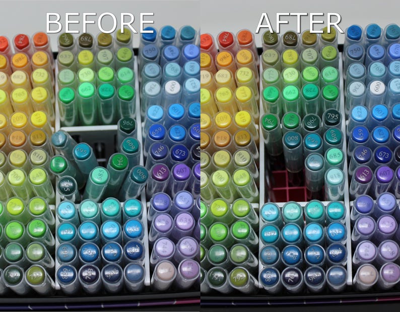 A before and after image of the markers before and after organization using the insert. The left image is the before image and shows markers jumbled up. The right image is the after image and shows the markers neatly organized into a grid pattern.