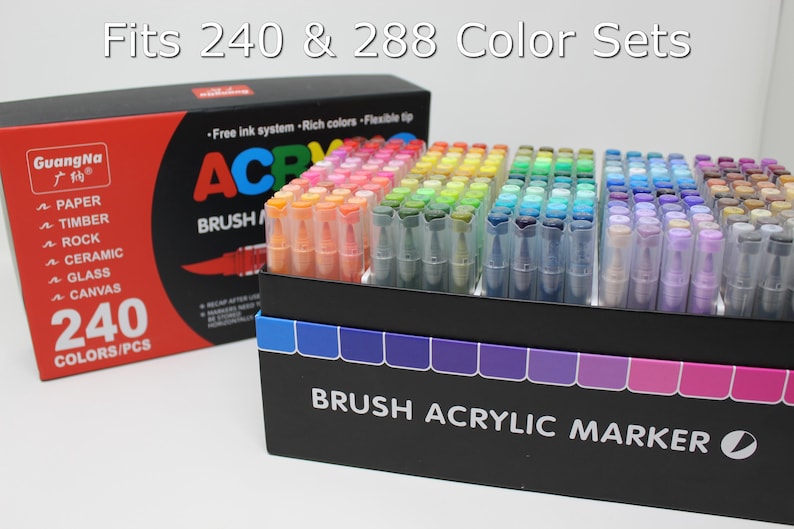 Guangna 240 marker acrylic marker set with the top of the box off and sitting beside the open box. Text overlaid on the image says Fits 240 & 288 Color Sets. The box says Brush Acrylic Marker on the side.