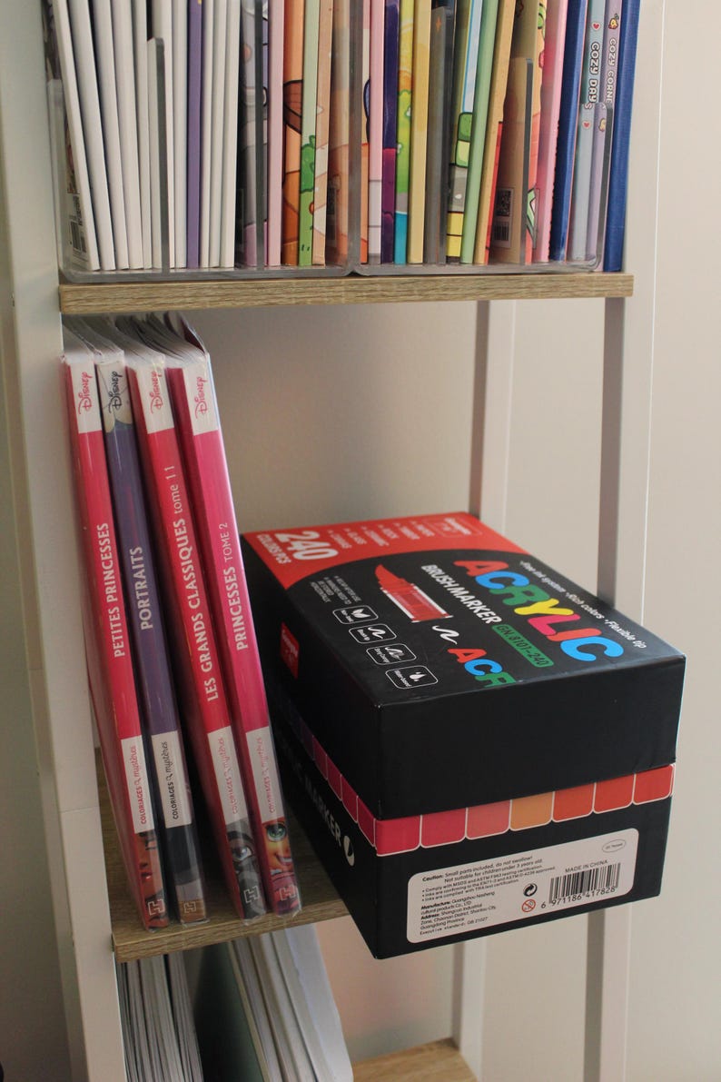 A white bookshelf with two shelves. The top shelf holds a collection of colorful books. The bottom shelf displays a set of Disney Princess books and a black box of acrylic brush markers with the word "ACRYLIC" in large, colorful letters.