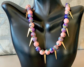 Painted Porcelain & Gold Spike Beaded Necklace