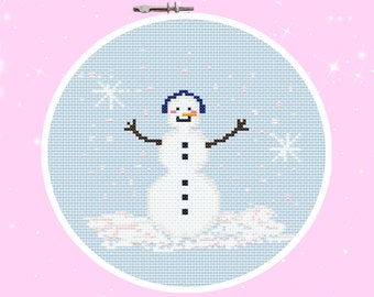 Kawaii Snowman Cross Stitch Pattern PDF Embroidery Printable Download Christmas Snowflake Snow Winter