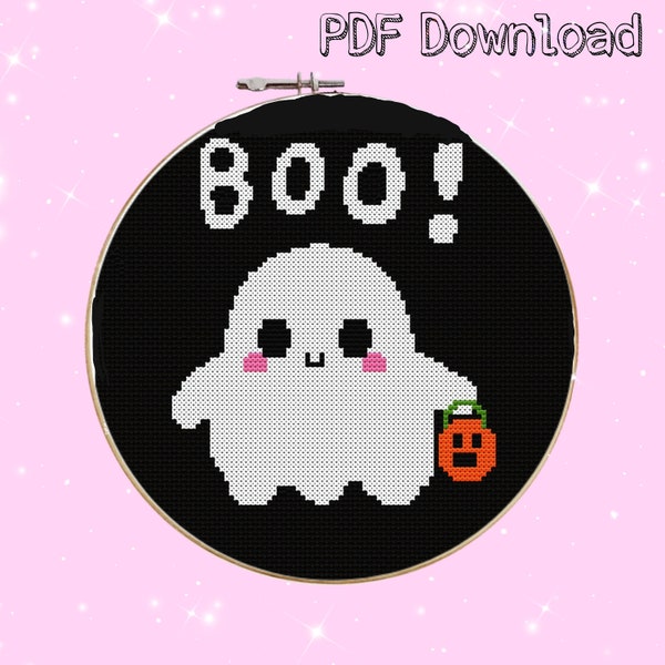 Kawaii Chibi Ghost Halloween Cross Stitch Embroidery Pattern PDF Download Printable