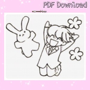 May include: Black and white line drawing of a cartoon character with a happy expression, wearing a collared shirt and trousers, holding a stuffed bunny toy. The character is surrounded by four small flower shapes.