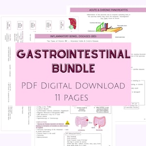 Puede incluir: Un paquete de descarga digital rosa y blanco para un curso de gastrointestinal. El paquete incluye 11 páginas de información sobre pancreatitis aguda y crónica, enfermedad inflamatoria intestinal y otras afecciones gastrointestinales. La imagen de portada presenta una ilustración de dibujos animados del sistema digestivo.