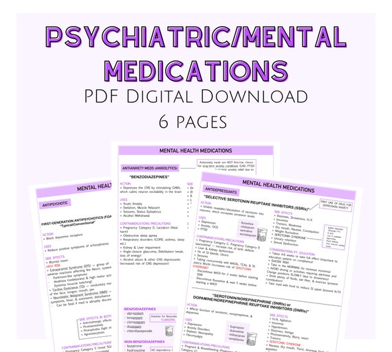 Psychiatric Mental Health Medications, Pharmacology Study Notes, Nursing Notes, Digital Download, Mental Health Notes, Nursing Study Guide