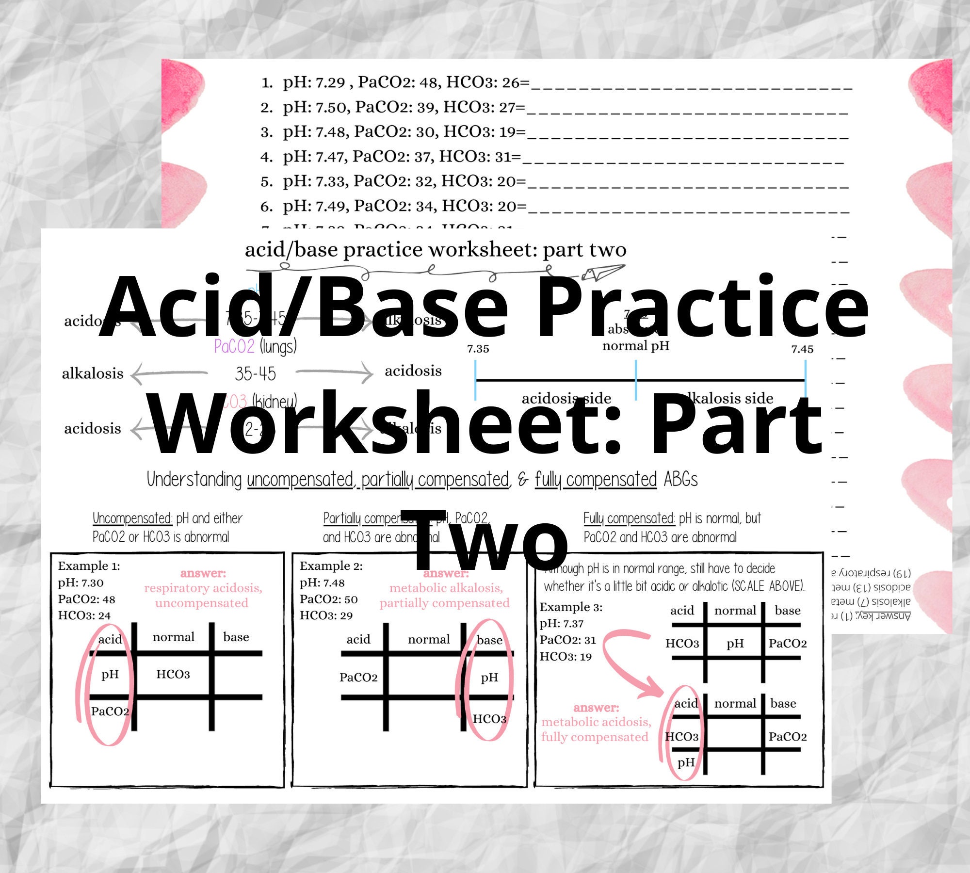 ABGs Interpretation Practice Worksheet Part Two 20 Problems Etsy