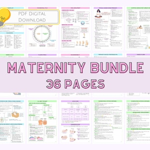 Può includere: Un pacchetto di download digitale rosa e bianco per l'assistenza alla maternità. Il pacchetto include 36 pagine di informazioni su argomenti come il ciclo mestruale, lo sviluppo fetale, i cambiamenti fisici durante la gravidanza, la nutrizione, l'esercizio fisico e la cura del seno. Il testo "Maternity Bundle 36 Pages" è visualizzato in grandi lettere rosa.